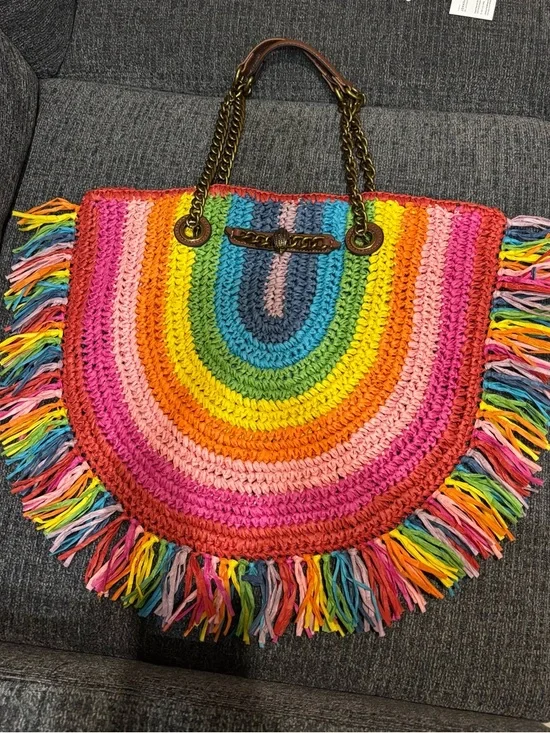 Kurt Geiger Chelsea Rainbow Stripe Fringe Tote - Picture 3 of 12